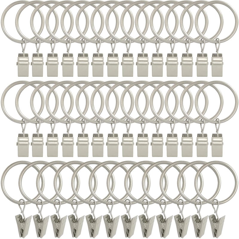 LLPJS 40 Pack Curtain Rings with Clips  Curtain Clip Rings Hooks  Bow Hanger Clips for Hanging Drapery Drapes Bows  Ring 1.26 inch Interior Diameter  Fits up to 1"" Rod  Matte Silver - Image 1